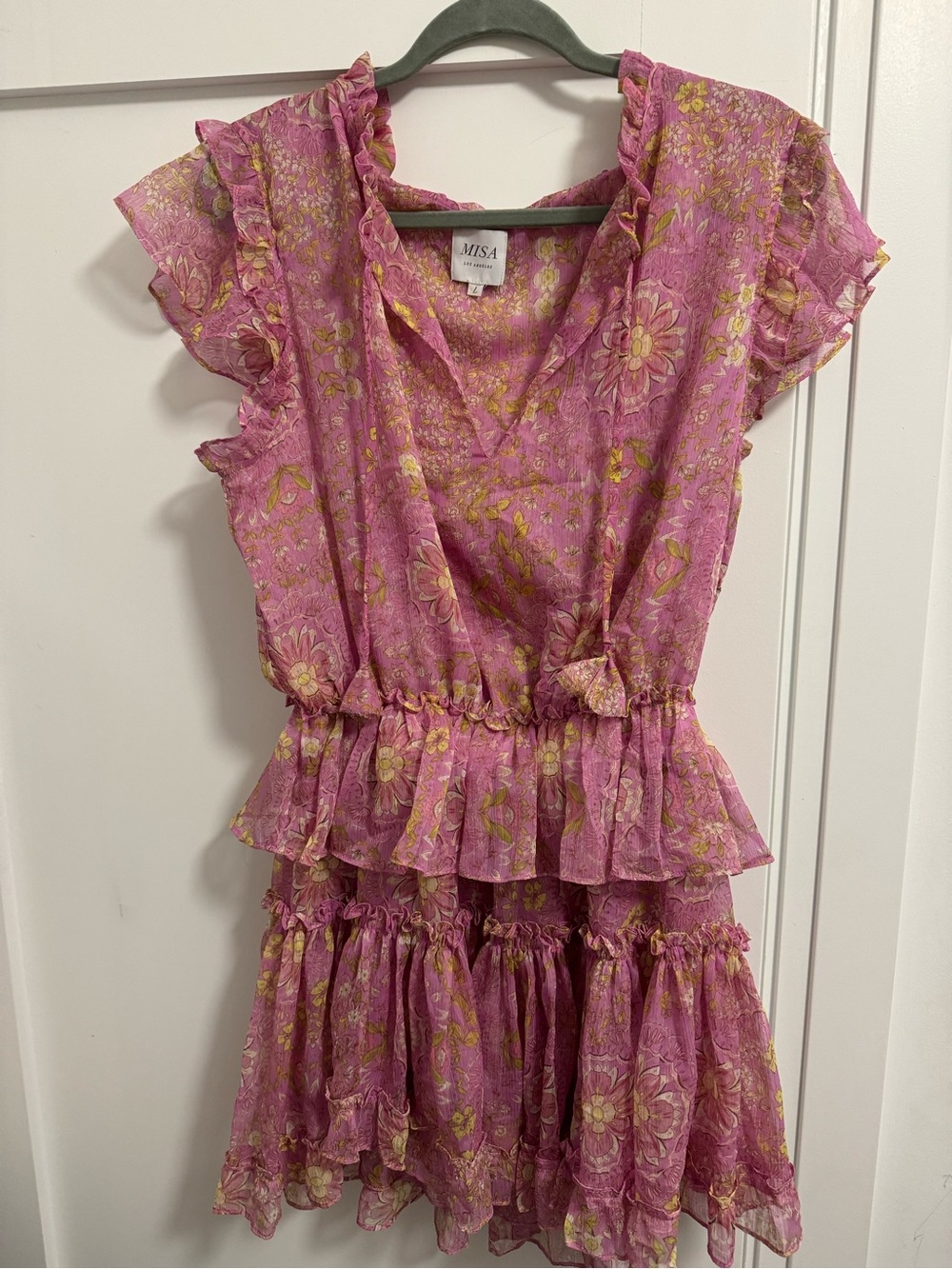 Misa Los Angeles Pink and Yellow Floral Ruffle Dress - NEW